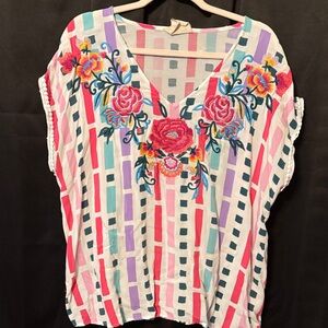 Savanna Jane 2x Floral Stripe V-Neck Women's Top - embroidered